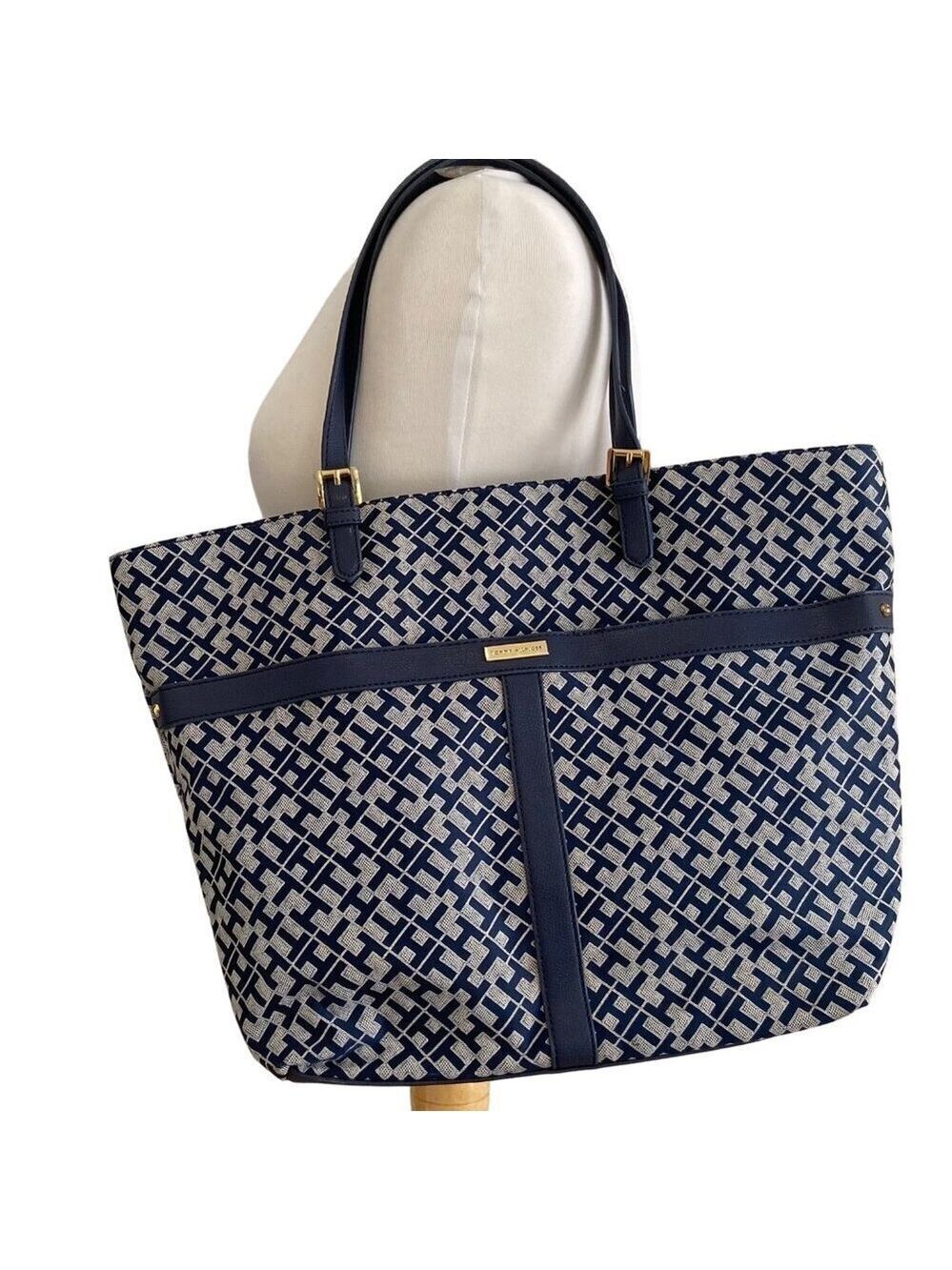 Tommy Hilfiger Navy &White Geometric Tote Bag/purse vegan Leather monogram large
